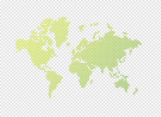 Illustration of a green world map made of dots on a transparent background