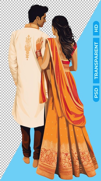 PSD 투명한 배경에 고립 된 인도 결혼 신부 및 신랑의 뒷면의 일러스트레이션