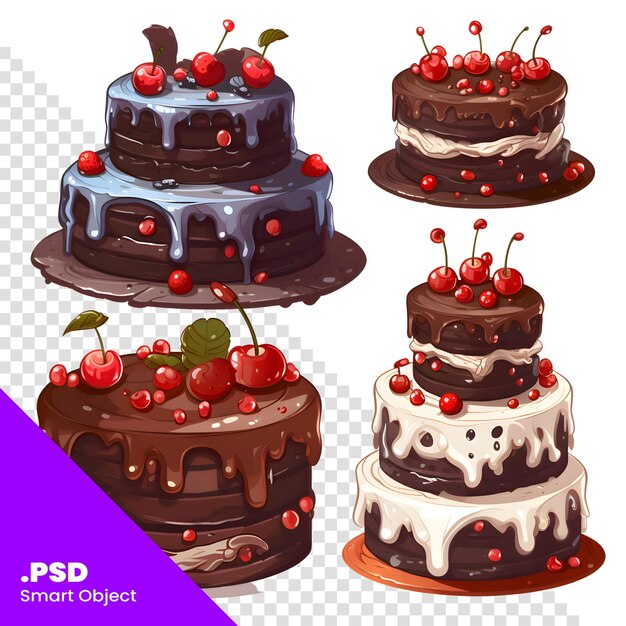 PSD Иллюстрация набора шоколадных пирогов с вишнями на белом фоне шаблона psd