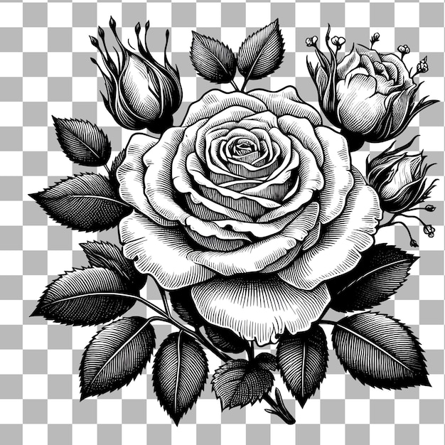 PSD Иллюстрация цветущей розы в черно-белом линейном png
