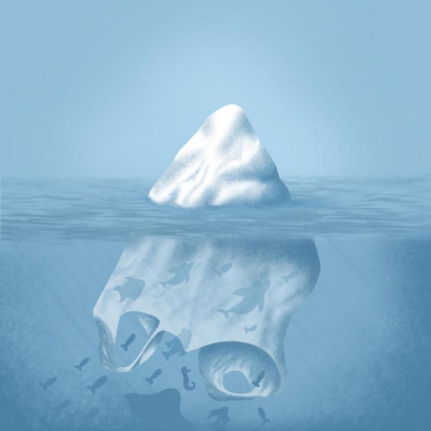 PSD 물 속에서 볼 수 있는 빙산 앰프 비닐봉지의 그림 해양 오염 바다를 구하다