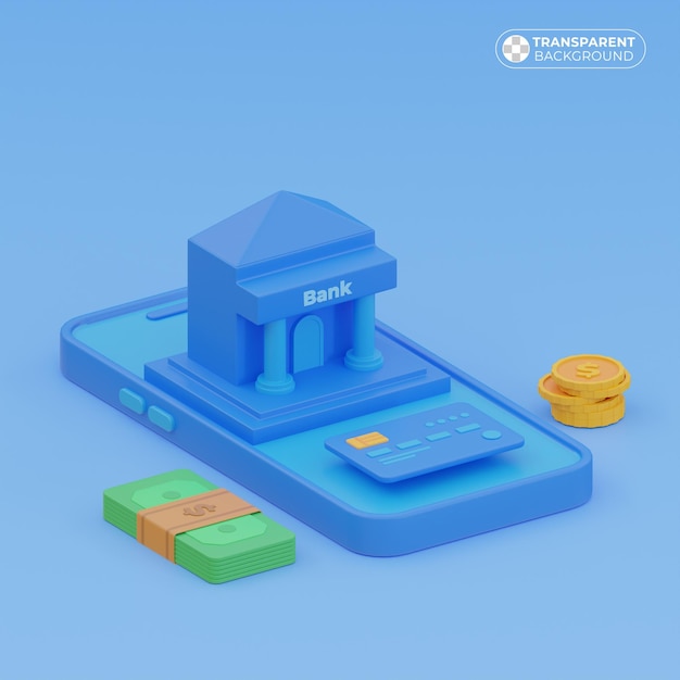 銀行でデジタルマネーを節約しているイラスト 青いモバイルバンキングのイラスト