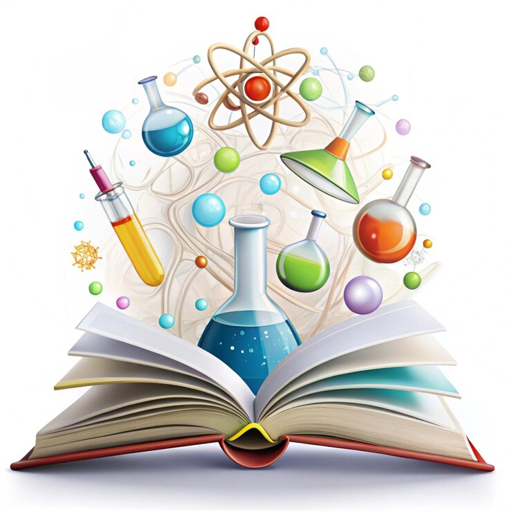 PSD illustration of open book with science elements on white background