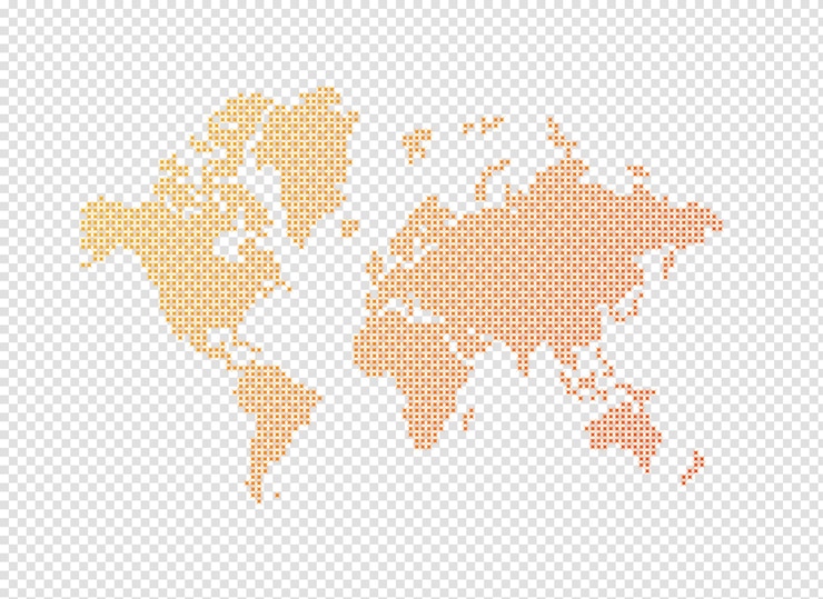 PSD illustration of an orange world map made of stars on a transparent background