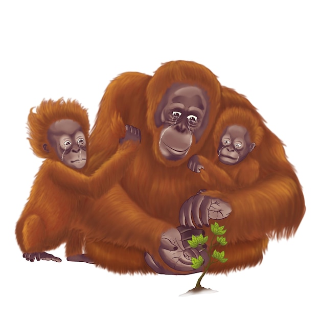 PSD illustrazione di un orangutan che tiene in braccio un bambino