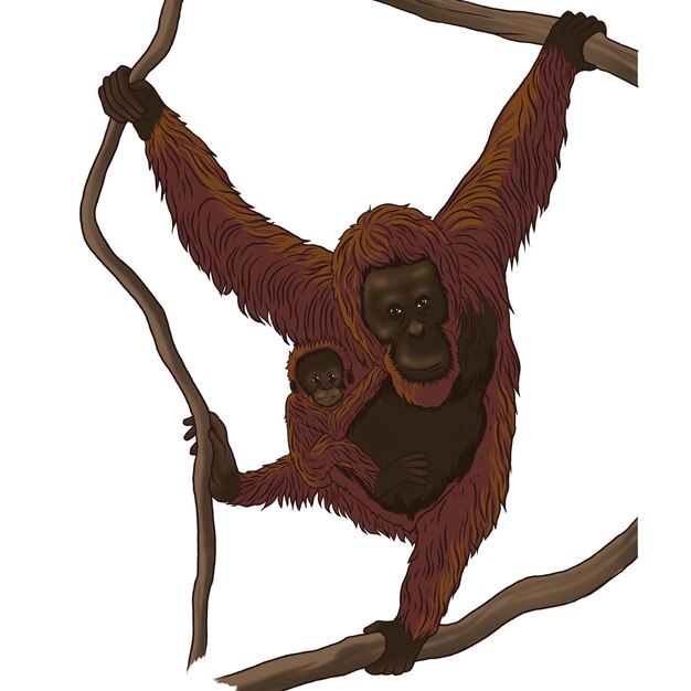 PSD illustrazione di un orangutan che tiene in braccio un bambino