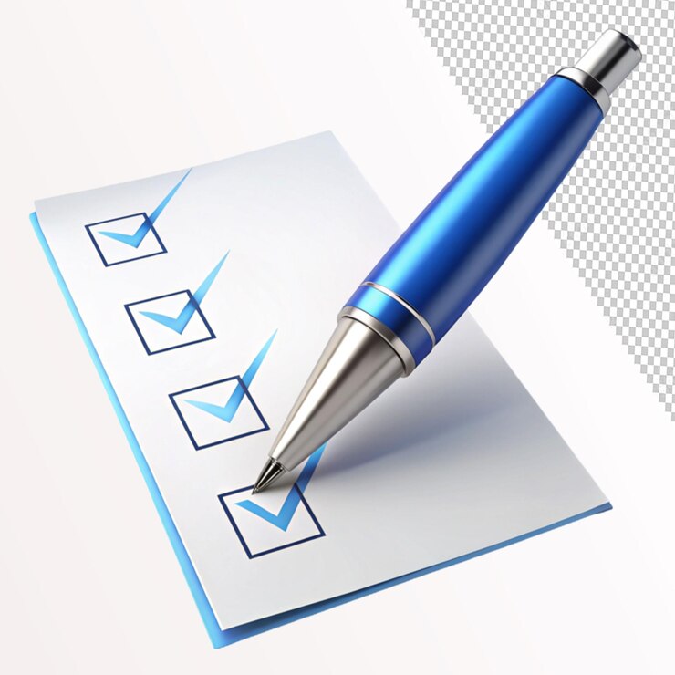 PSD illustration of pen putting blue ticks on paper on transparent background