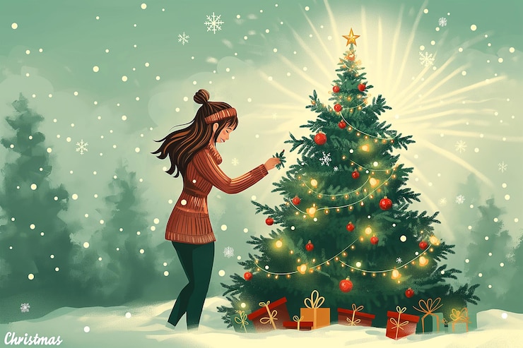 PSD illustration for people celebrating merry christmas with snowfall lights and gifts