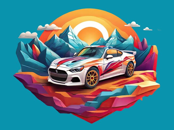 PSD illustration of racing car in the mountains