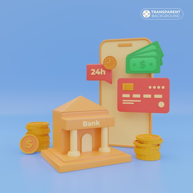 PSD illustration of saving digital money in the bank 24 hour mobile banking service in 3d render