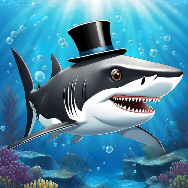 PSD illustrazione di uno squalo con un cappello sott'acqua