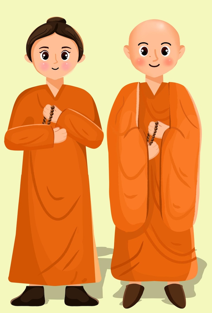 PSD illustration of two buddhist monks wearing orange religious robes and holding prayer beads