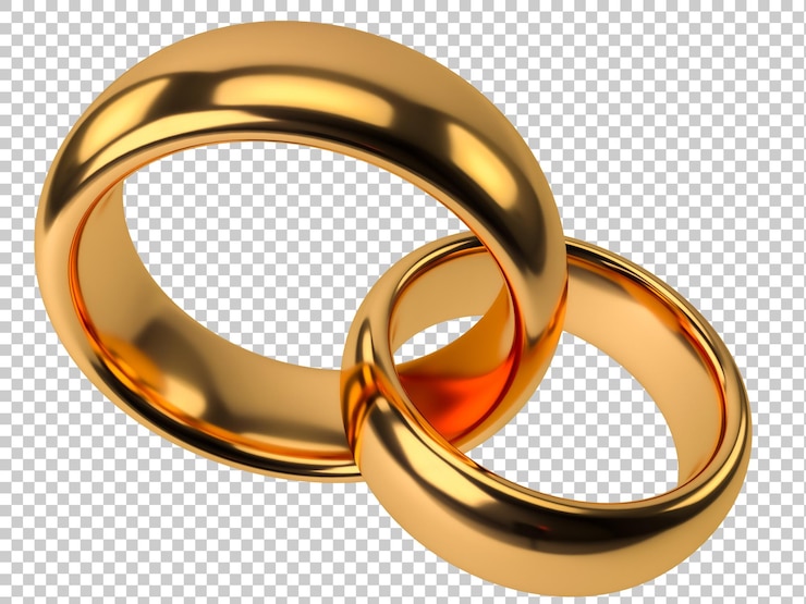 PSD illustration of two wedding gold rings isolated on transparent background unity concepts