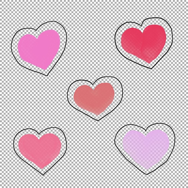 PSD illustration of watercolor hearts with ink outline