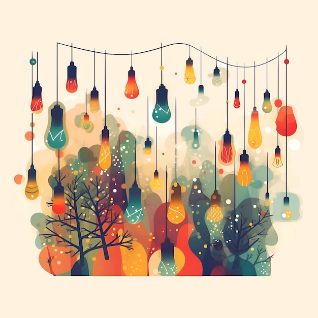 illustration with light bulbs in the forest on a white background