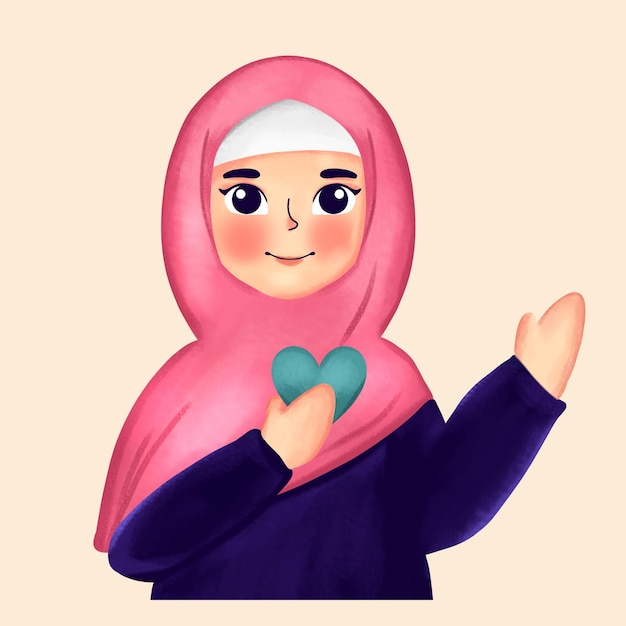 ピンクのヒジャブを着て胸にハートマークを押しながら微笑む女性のイラスト