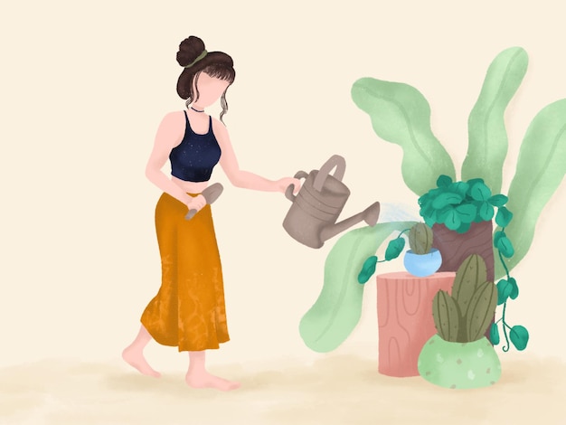 PSD illustrazione di donne che innaffiano le piante e fanno giardinaggio a casa