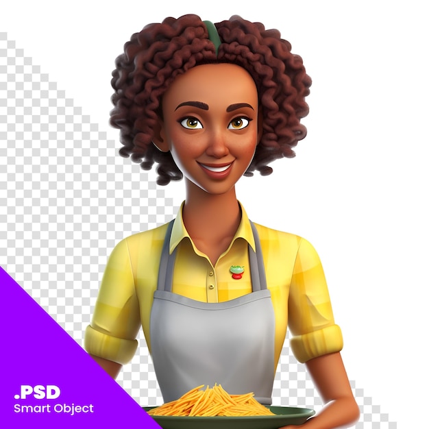PSD illustration of young african american woman with a plate of spaghetti psd template
