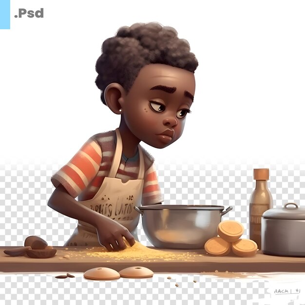 PSD illustrazione di una giovane donna afroamericana che cucina nel modello psd della cucina