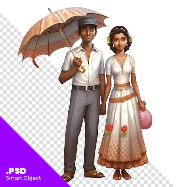 Illustration of a young couple holding an umbrella on a white background psd template
