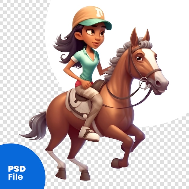 Illustration of a young girl riding a horse on a white background psd template