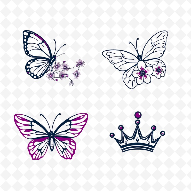 PSD illustrationbutterflies flowers wings crowns delicate butterflies fl creative coloring nature setu