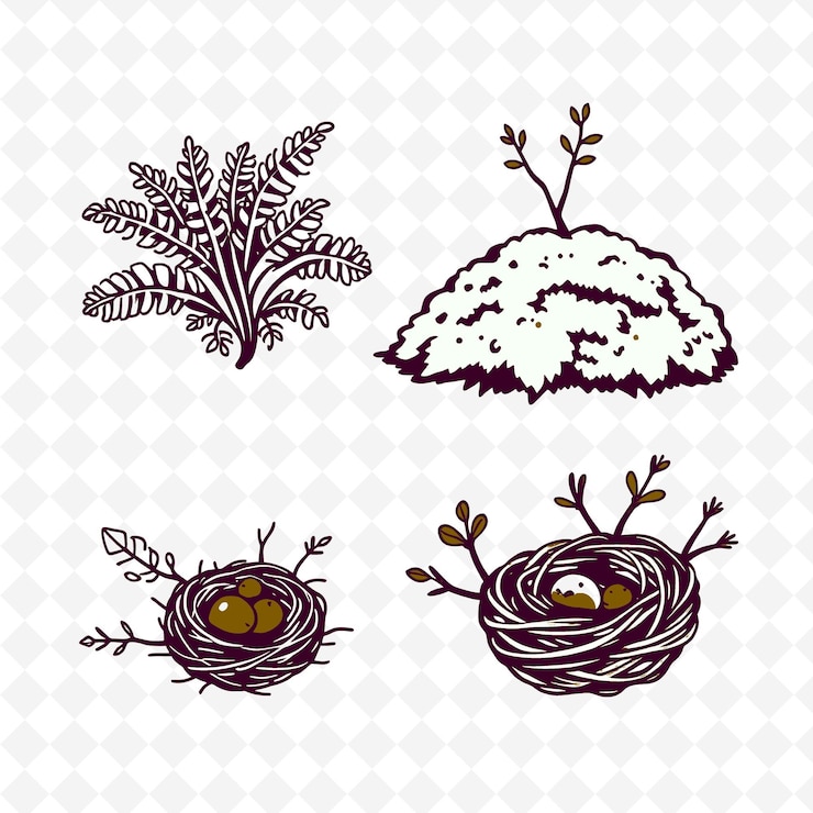 PSD illustrationferns moss oak leaves bird nests curled ferns unfolding creative coloring nature seti