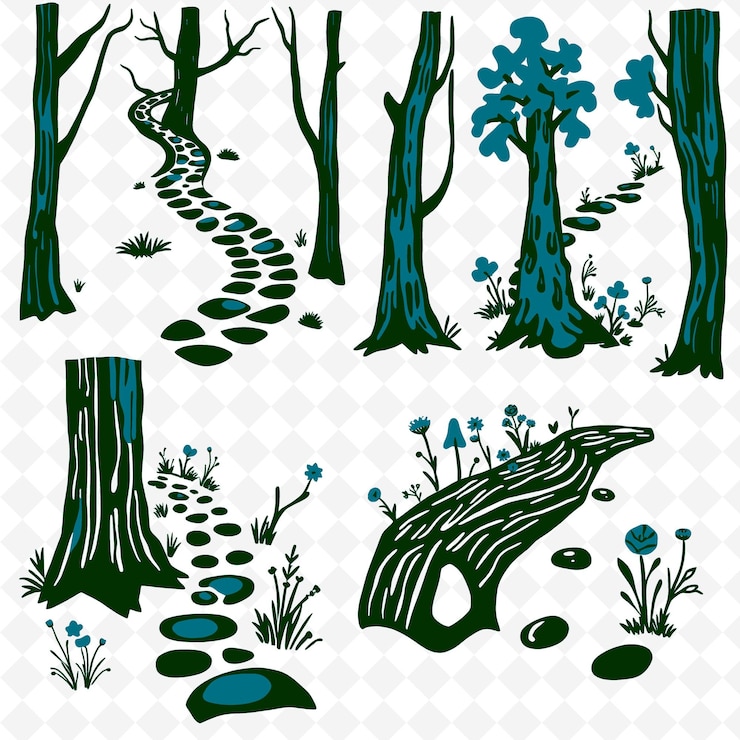 PSD illustrationforest paths bark wildflowers pebbles paths winding thro creative coloring nature setu
