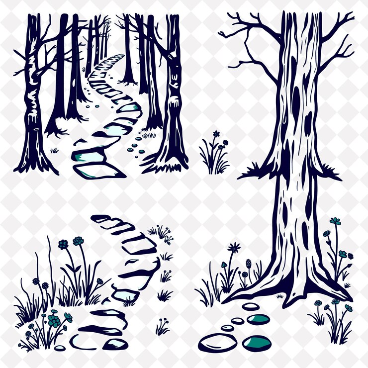 PSD illustrationforest paths bark wildflowers pebbles paths winding through the trees bark peeling aw