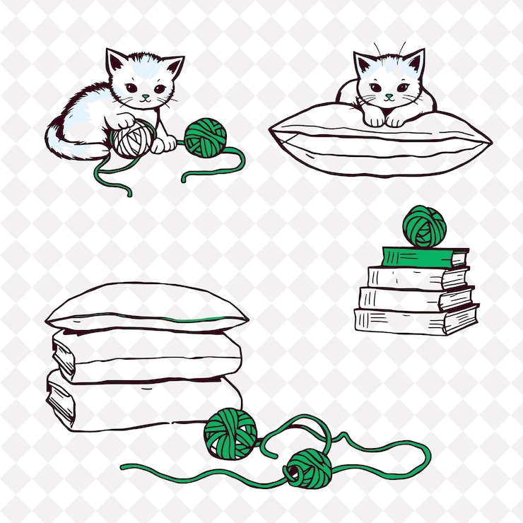 PSD illustrationkittens yarn cushions books kittens playing with balls of yarn soft cushions piled to