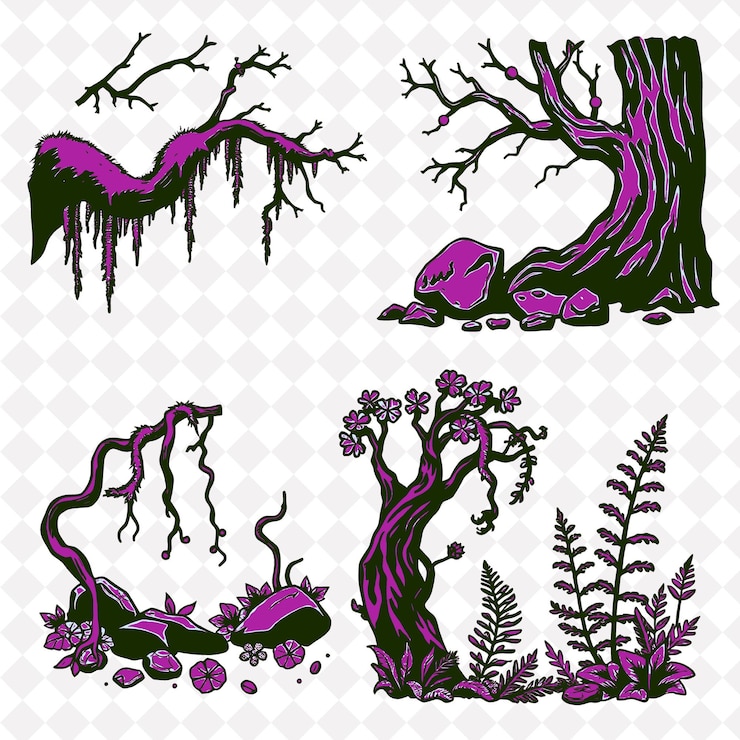 PSD illustrationmossy branches cracked stones twisted vines ferns moss covering low hanging branches