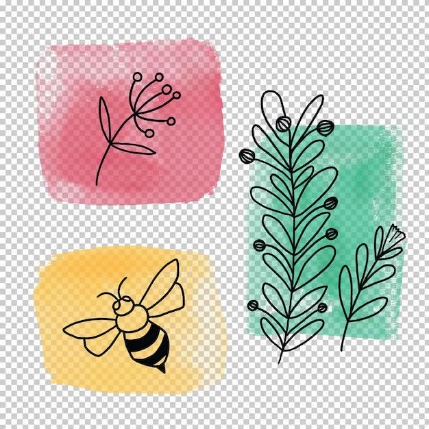 PSD illustrations of branches, flowers and bee, handmade with watercolor background