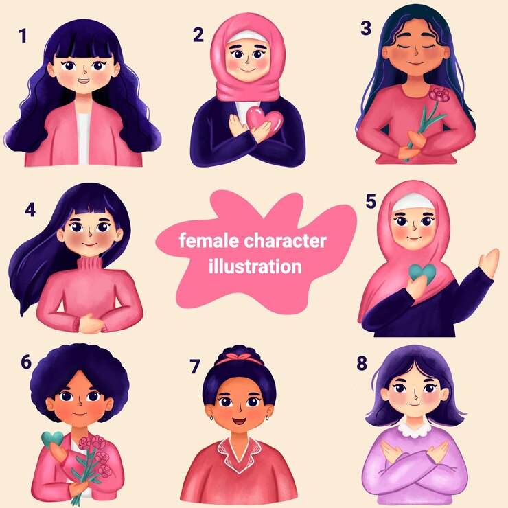 PSD illustrations of female characters in various formal and casual styles smiling and halfbody poses