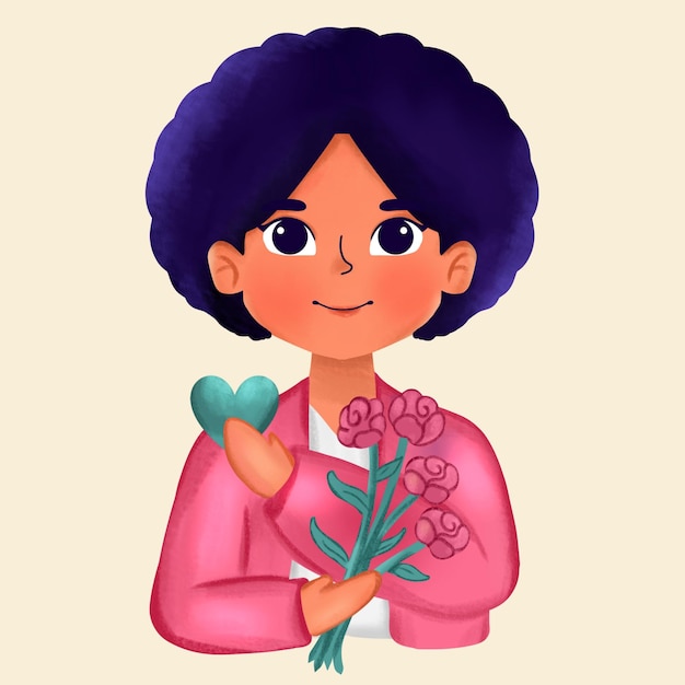 PSD illustrations of female characters with round hair dark skin and holding flowers and hearts
