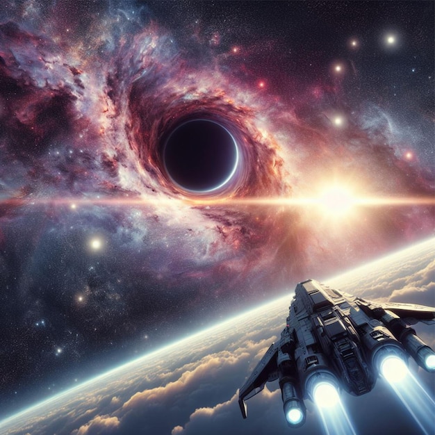 Illustrations spaceship fly to blackhole in the future