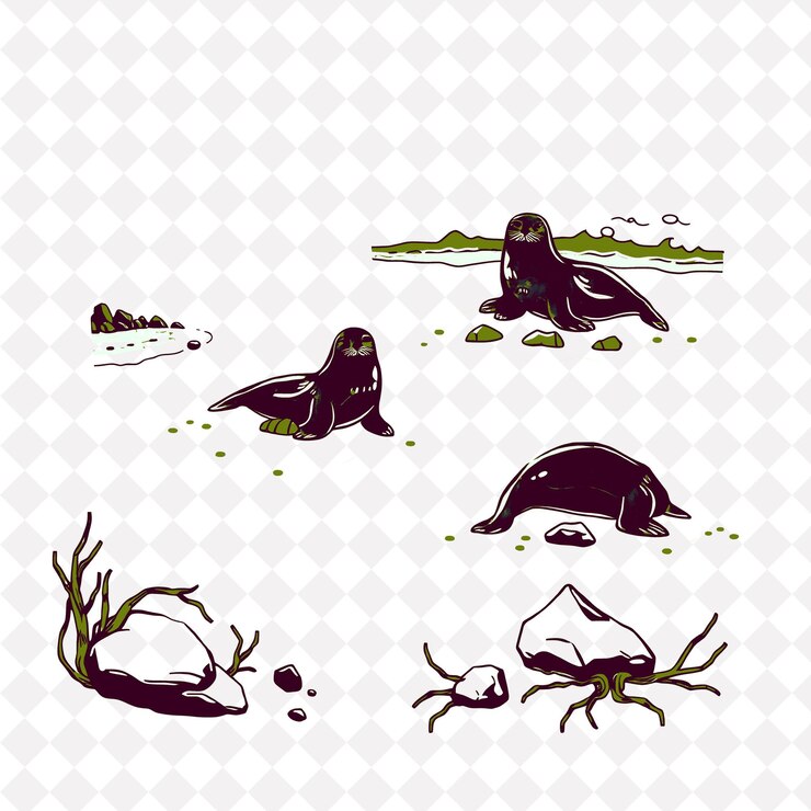 PSD illustrationseals beaches rocks seaweed seals basking on sunlit beaches jagged rocks lining the s