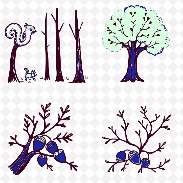PSD illustrationsquirrel tails oak trees acorns fallen branches fluffy squirrel tails bouncing in the