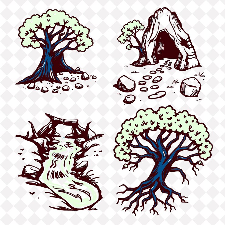 PSD illustrationtree hollows stones flowing streams roots tree hollows providing shelter for animals