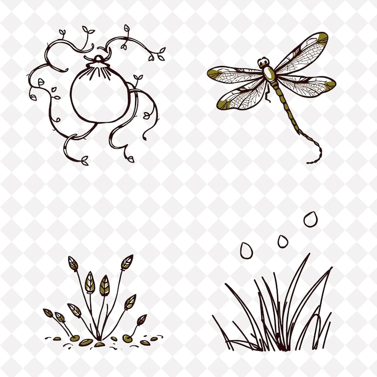 PSD illustrationvines dragonflies seeds dew twisting vines curling around objects dragonflies with sh