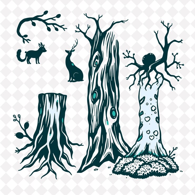 PSD illustrationwild animals roots bark soft moss animals hidden within the forest roots twisting thr