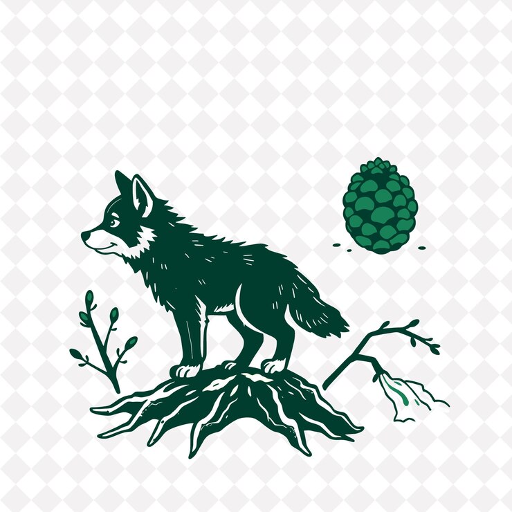 PSD illustrationwolf pup tree saplings pinecones mossy roots a wolf pup sniffing around tree saplings