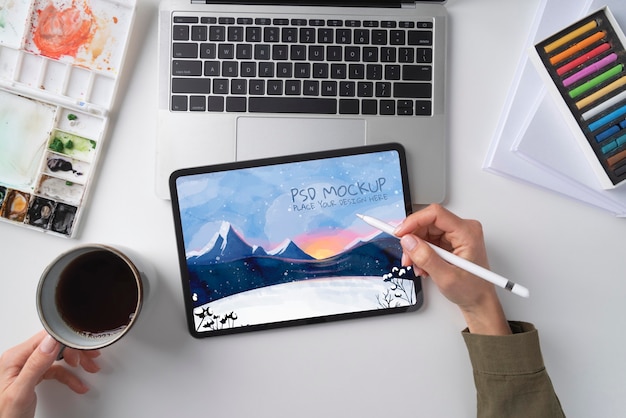 PSD illustrator with beautiful drawing on mock-up tablet