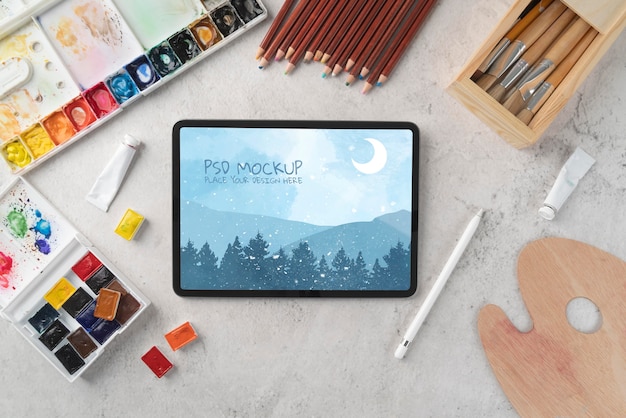 Illustrator with beautiful drawing on mock-up tablet