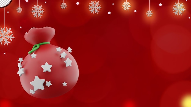 Ilustracja 3d Boże Narodzenie Transparentu Na Czerwonym Tle Z Obecną Torbę Worek I Płatki śniegu W Przestrzeni Kopii