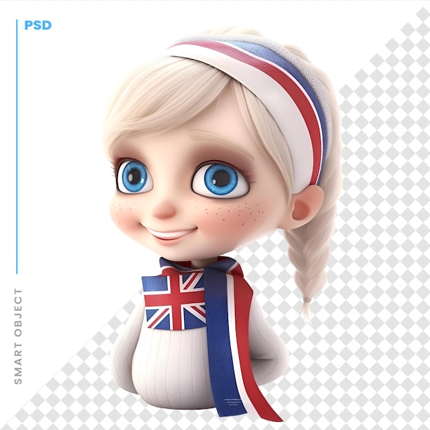 PSD ilustracja 3d cute cartoon girl z brytyjską flagą