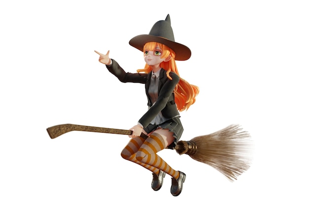 PSD ilustracja 3d czarownica znak wesołego halloween grafika koncepcyjna znaku czarownica latająca na miotle
