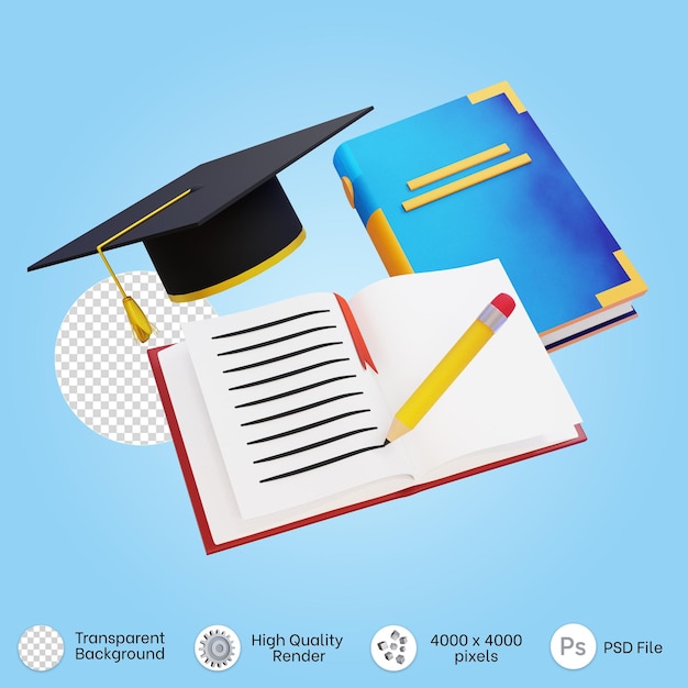 Ilustracja 3D do studiowania koncepcji z książką o kasztana i otwartą książką z ołówkiem