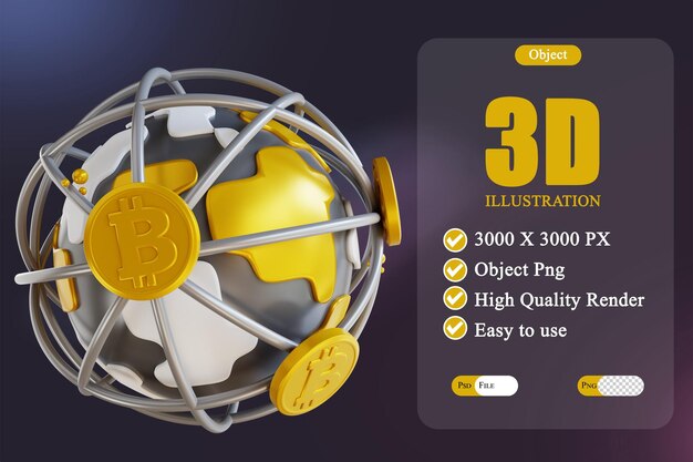 PSD ilustracja 3d globalny bitcoin