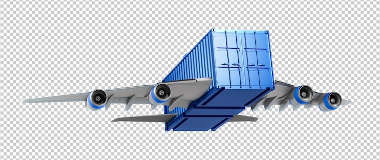 PSD ilustracja 3d koncepcji ładunku lotniczego kontener z skrzydłami lotniczymi na niebie bez tła