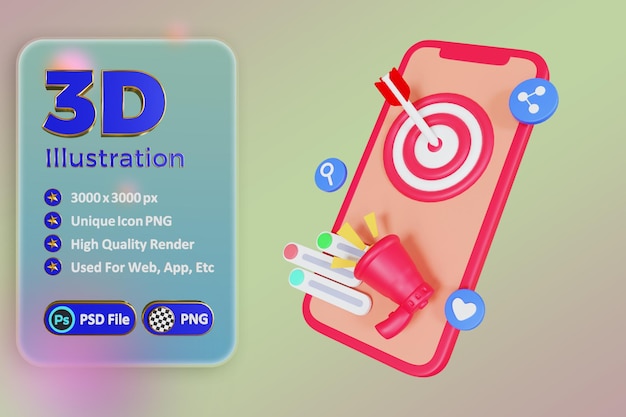 ilustracja 3d marketingu cyfrowego z telefonem